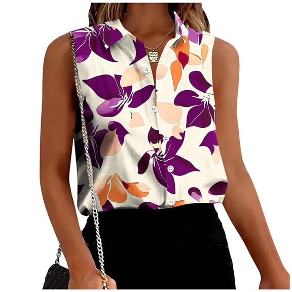 Xuyuer Women's Casual Fashion Print Button Lapel Sleeveless Blouse - Stylish Collarless Top with Button Detail for Everyday Wear