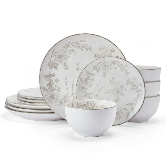 Pfaltzgraff Enchanted Bloom 12 Piece Stoneware Dinnerware Set Gray