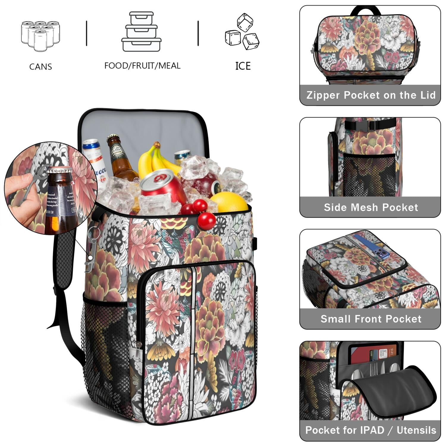 Travel Cooler Bag - Pioneer Flower Floral Print Pattern Camping Beer Cooler Backpack with Bottle Opener- Waterproof Insulated Picnic Backpacks - Cooler Bag for Beach