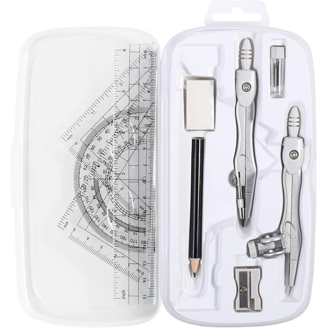 This 10-piece math and geometry set for students includes a shatterproof storage box, a ruler, protractor, compass, eraser, pencil sharpener, pencil lead, and pencil for drawing and drafting.,Grey