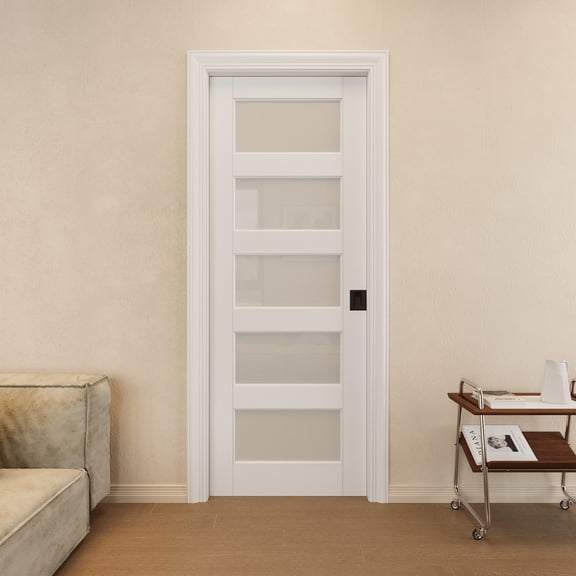 36" x 80" Interior 5-Lite Frosted Glass Sliding Pocket Door Withe Solid Core Pantry Door With Privacy Pocket Lock / Soft Close