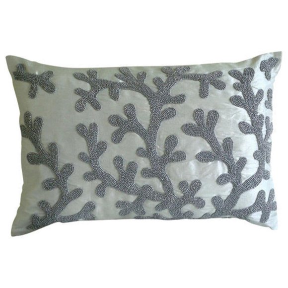 The HomeCentric White Lumbar Pillow Cover, 12x26 inch (30x65 cm) Lumbar Pillow Cover, Coral Design Sea Creatures Beach and Ocean Theme Lumbar Pillow Cover, Silk Floral Mediterranean - Silver Corals