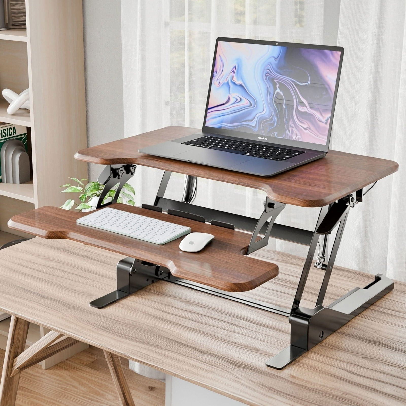 30'' Compact Standing Desk Converter – Height Adjustable Sit Stand Riser with Keyboard Tray, Gas Spring Lift – Ideal for Small Spaces, Home or Office, Dark Walnut
