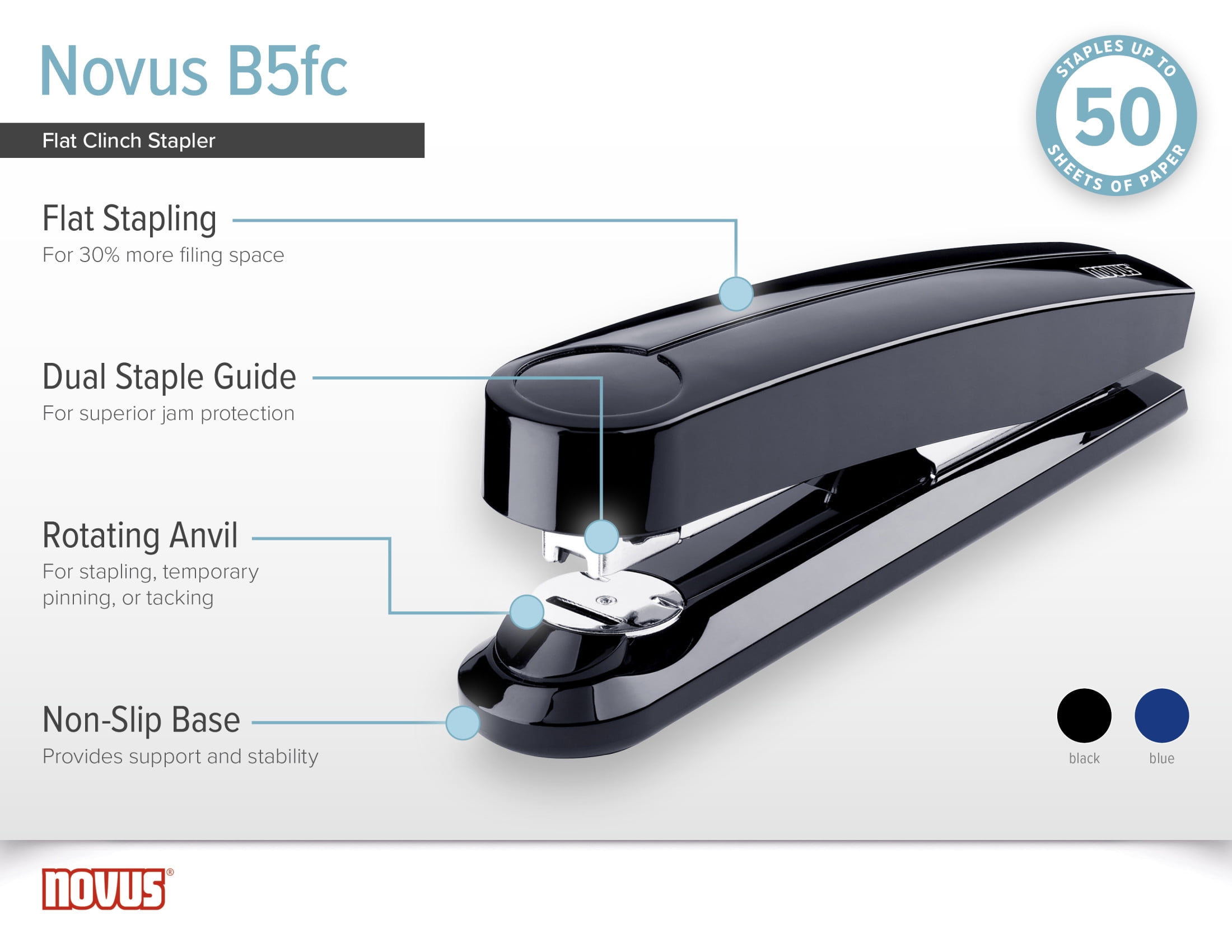 Novus B5fc Flat Clinch Stapler, 50 Sheet Max, German Engineered, Staple|Pin|Tack, Blue (020-1480)