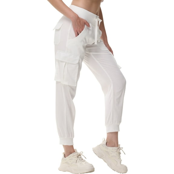 Pdbokew Women's Cargo Hiking Pants Lightweight Quick Dry Fit Comfy Athletic Casual Outdoor Trip Pockets Elastic Waistband White L