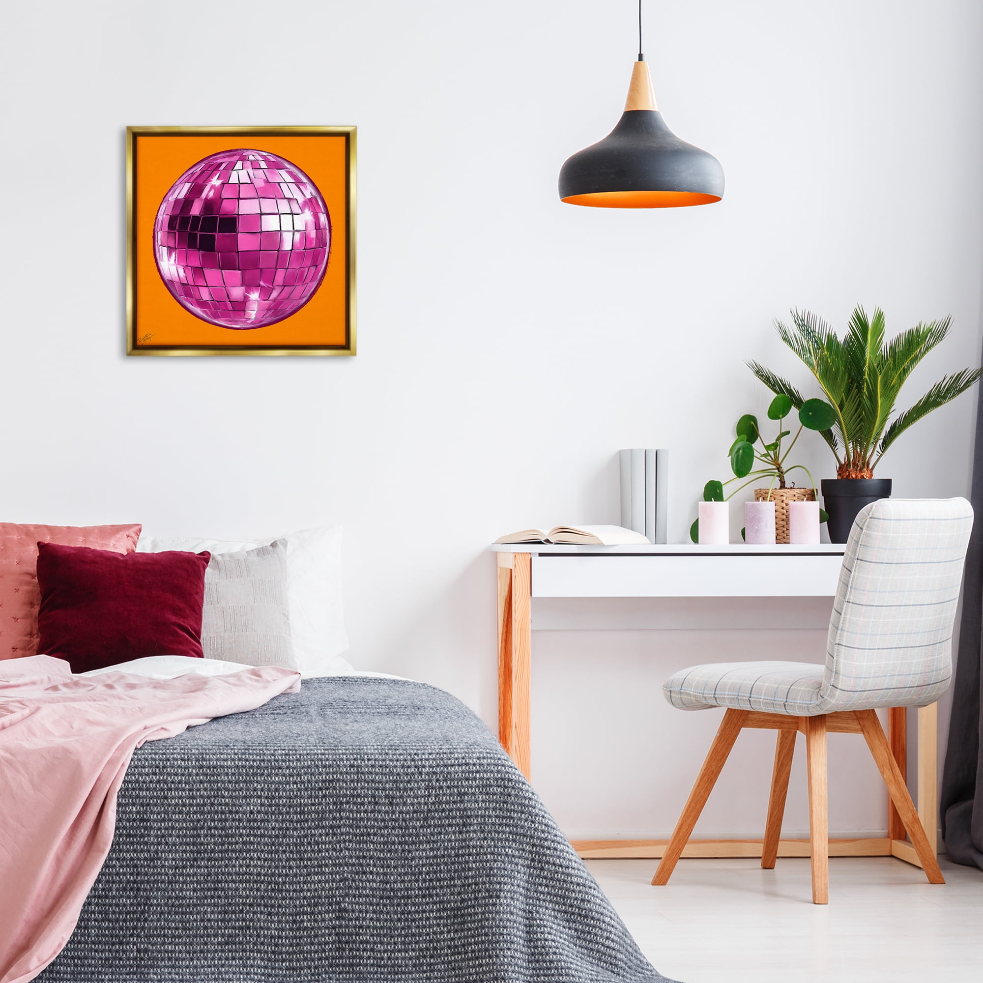 Stupell Industries Disco Ball on Orange Novelty & Humor Painting Gold Floater Framed Canvas Art Print Wall Art, 25 x 25