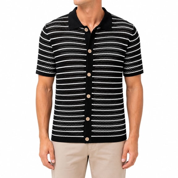 AZoiNM Men's Striped Knit Polo Shirt, Vintage Colorblock Short Sleeve Button Down, Lightweight Streetwear Summer Top, Straight Fit