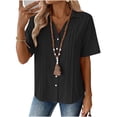 thumbnail image 3 of Women's Fashion Summer Solid Color Short Sleeve Lapel Full Button Detachable Button Shirt Top Black, 3 of 6
