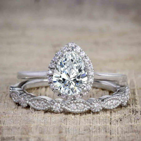 Affordable 2 Carat Pear cut Moissanite and Diamond Antique Wedding Ring Set in 18k White Gold Over