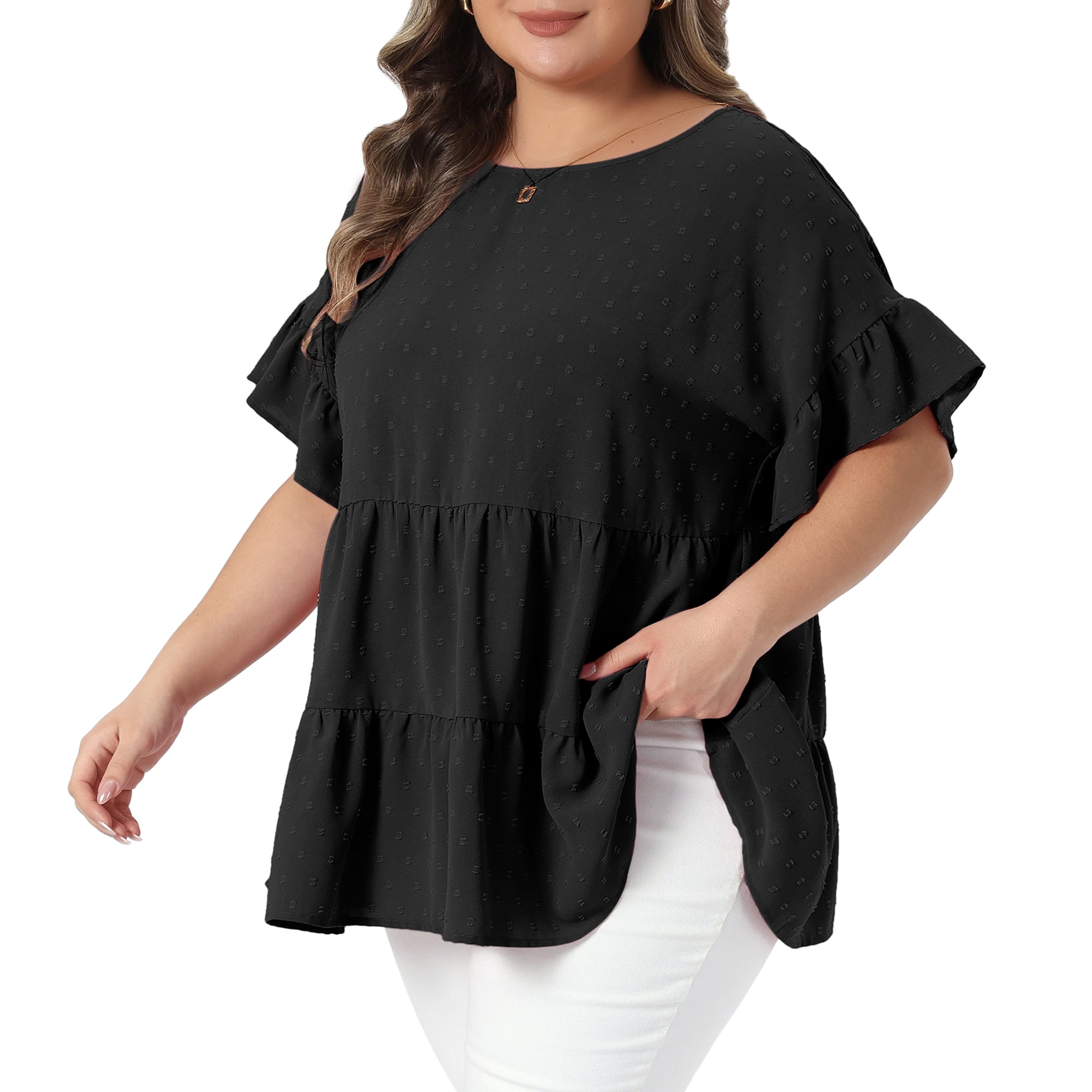 DARING DIVA Women's Plus Summer Tops Crew Neck Ruffle  Tiered Swiss Dots Blouses 4X Black