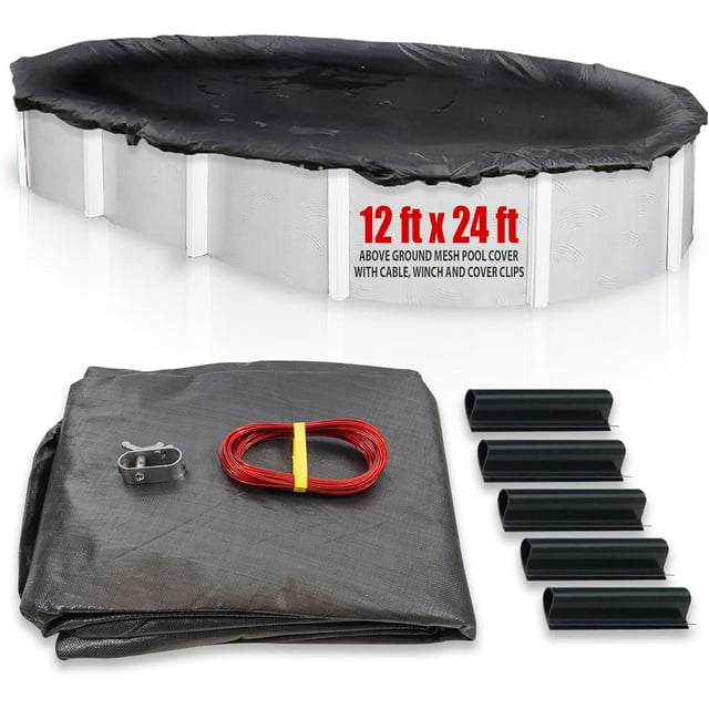SET SunSolar Energy Technologies- MESH Above Ground Winter Pool Cover for 12x24 Foot Oval Swimming Pool - Winter Pool Cover with Sturdy Cable and Winch 8-Yr warranty. Cover Clips Included.