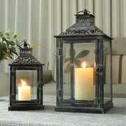 JHY DESIGN 2 Set of Large Metal Candle Lanterns with Clear Glass (Antique Grey)