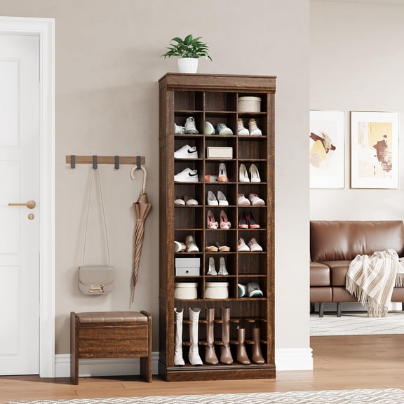10-Tier Tall Wooden Shoe Storage Cabinet, 30 Cubbies Shoe Rack – Freestanding Entryway Shoe Organizer for Entryway or Living Room
