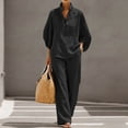 thumbnail image 2 of pstuiky Two Piece Sets for Women Summer Solid Color Cotton Linen Sets Batwing Sleeve V Neck Button Shirts and Wide Leg Pants Set Matching Lounge Set Casual Outfit Black,L, 2 of 9