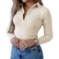 thumbnail image 2 of Long Sleeve Solid Color Women V-neck Slim Fit Polo Shirt, 2 of 5