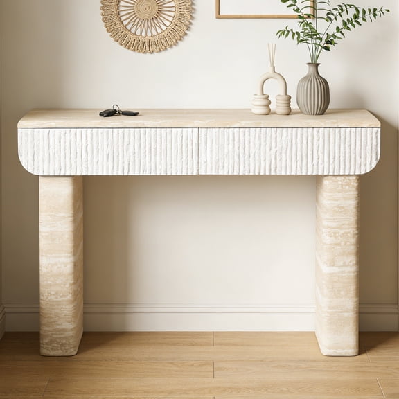 Shaiailed 47" Faux Travertine Console Table with 2 Drawers,Long Entryway Table, Narrow Hallway Table,Foyer table,Contemporary Sofa Table Behind Couch with Storage for Living Room