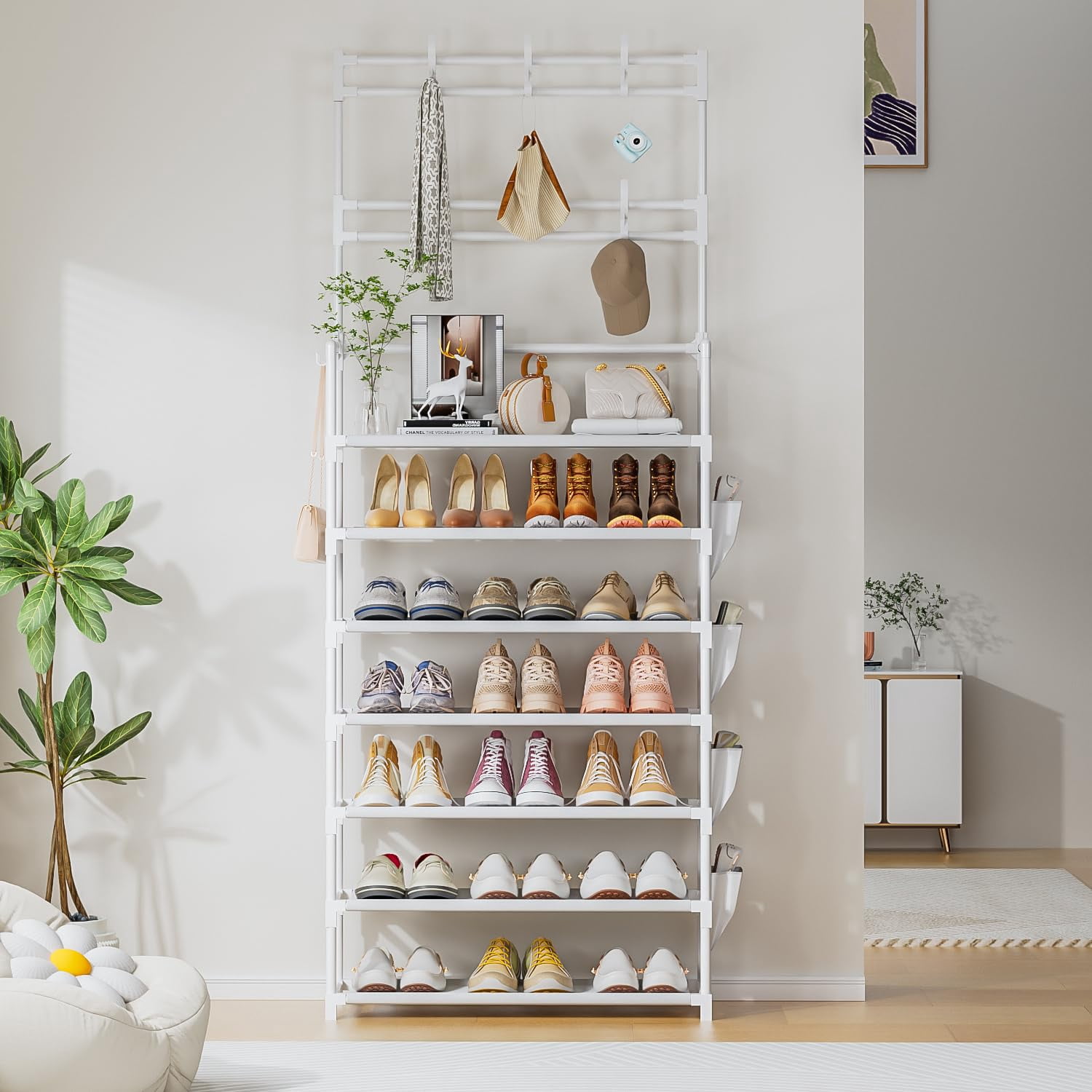 Shoe Rack 7 Tier Organizer Storage 21-28 Pairs Closet Shoes For Front Door Entrance With Hooks Side Pocket Entryway Large Capacity Shelf Tower Garage