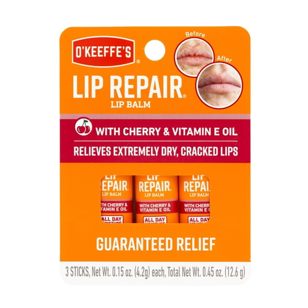 Bálsamo labial O'Keeffe's Lip Repair con aceite de cereza y vitamina E (paquete de 3)