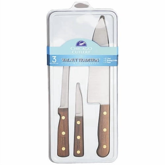 Chicago Cutlery B42 Walnut Tradition 3pc Parer, Utility and Chef Knife Set