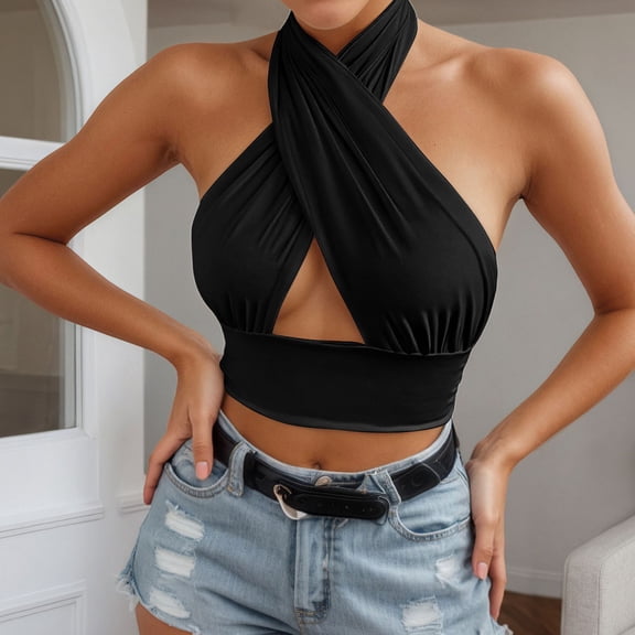 ZHOGXU Women's Tank Tops Sleeveless Halter Neck Solid Color Backless Comfortable Lightweight Slim Fit Camisole For Daily Wear,Black,L