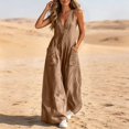 thumbnail image 6 of Women's Fashion Casual Solid Color Deep V Halter Neck Sleeveless Jumpsuit Ruched Detail Pockets Long Pants One Piece Coffee S(S), 6 of 7