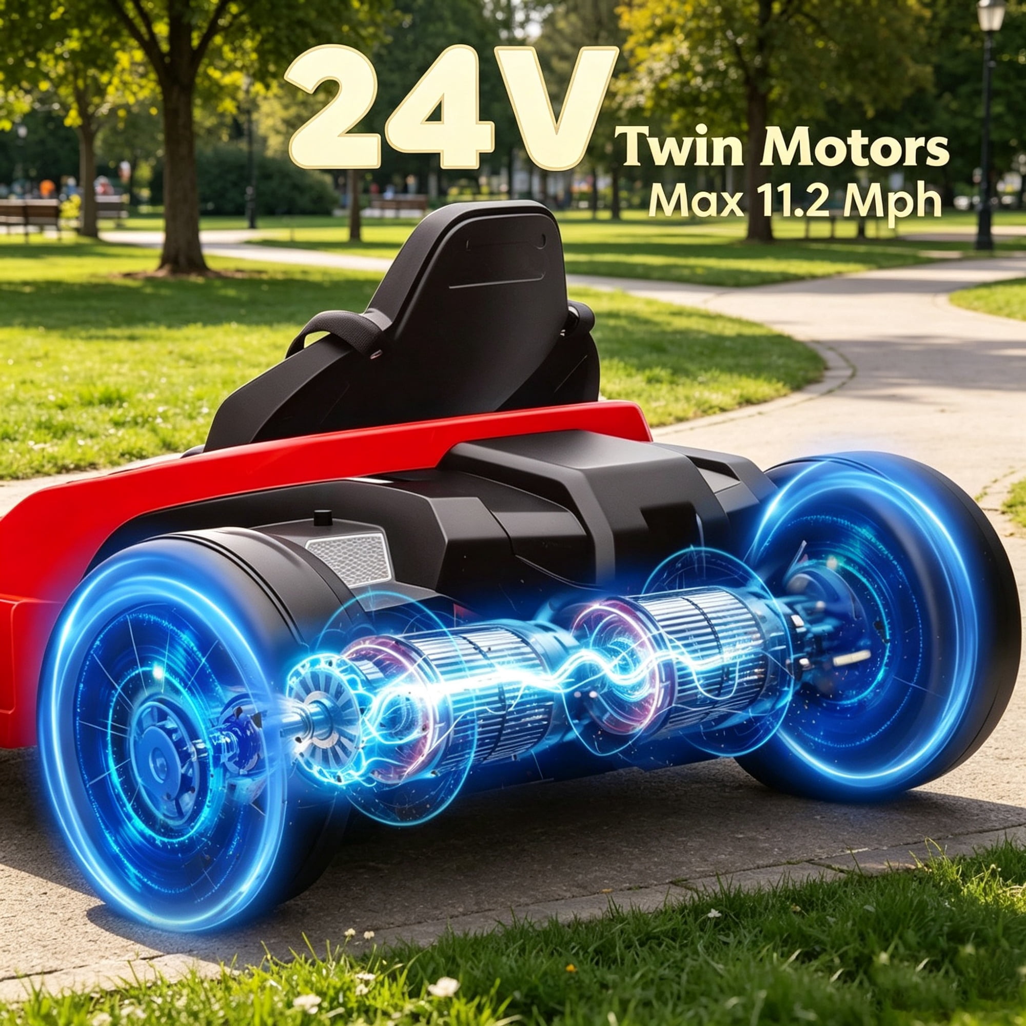 24V Electric Go Kart, Dual 150W Motors, Adjustable Seat, 11.2MPH High Speed, Slow Start, 5-Point Safety Harness, Red