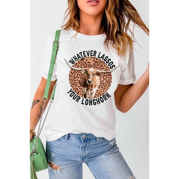 ABPHQTO Camiseta blanca con estampado de leopardo de cuernos largos de Whatever Lassos Your Longhorn para mujer