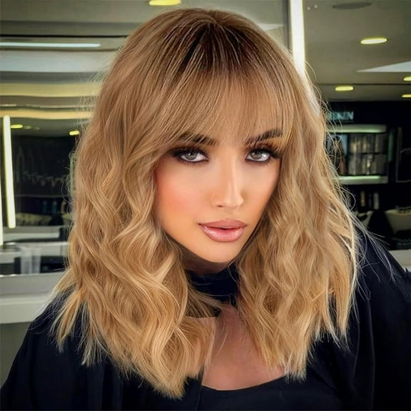 DOPI Short Wavy Wig with Bangs for Women Shoulder Length Bob Curly Women's Charming Synthetic Wigs with Natural Wavy Black To Brown Heat Resistant Hair for Daily Party Use