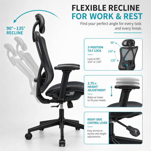 High-Back Ergonomic Office Chair with Adjustable Lumbar, Headrest & Armrests, 90-135° Tilt Lock, Quiet Casters – Home, Gaming, Computer