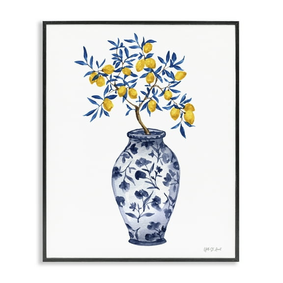 Stupell Industries Chinoiserie Vase Lemons Food & Beverage Painting Black Framed Art Print Wall Art, 11 x 14