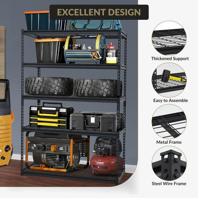 GloryStar Étagère de Garage Robuste, Étagère de Rangement en Métal Réglable à 5 Niveaux, Charge de 2500 lbs, 48x18x72 Po / 60x24x78 Po