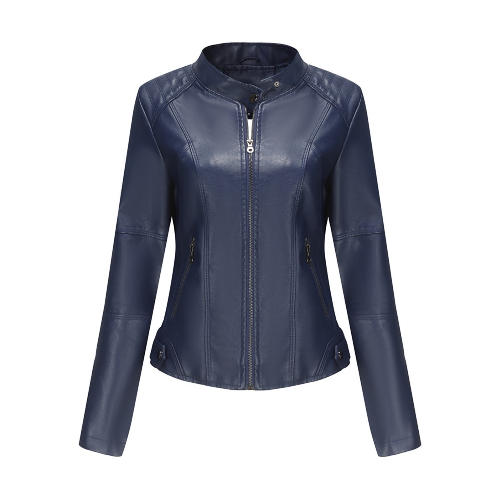 Faux Leather Cropped Jacket Full Zip up Long Sleeve Slim Fit Motorcycle Short Jacket for Women Crop Moto Coat (Small, Blue)