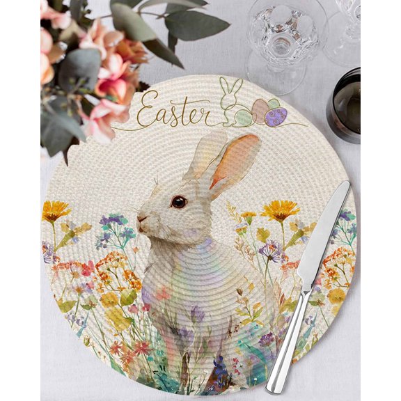 15 Inch Round Placemats Set of 4, Easter Bunny Non Slip Heat Insulation PP Table Mats, Rabbit Spring Flowers Leaves Vintage Rustic Plants Washable Place Mats for Kitchen Dining Party Table Decor