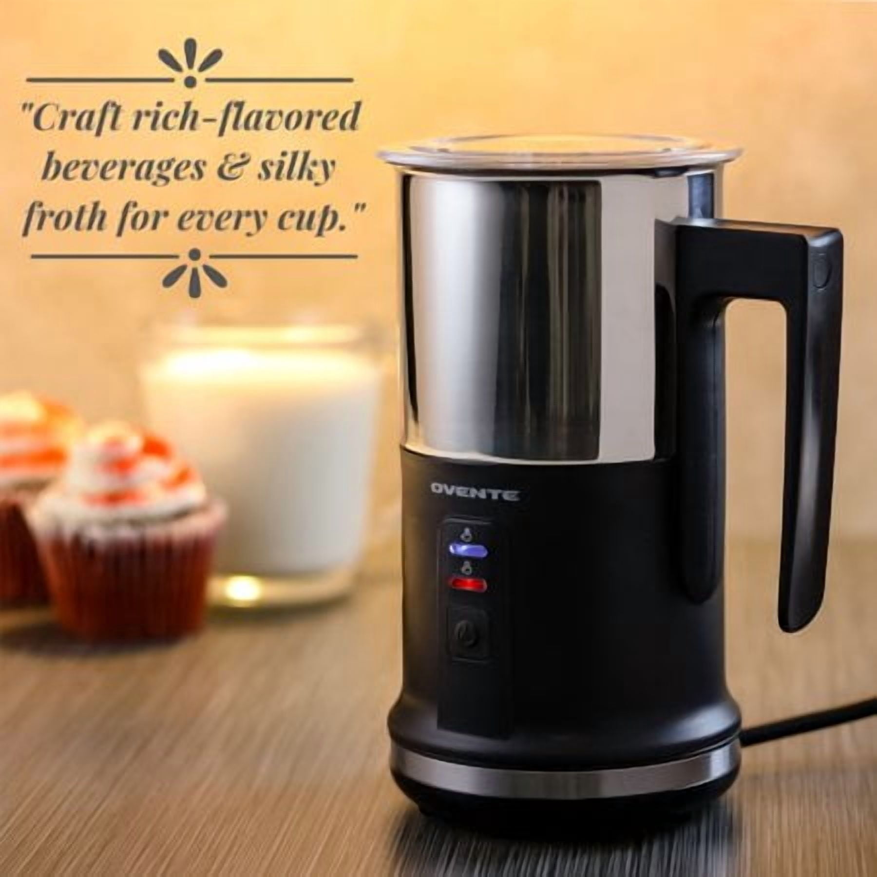 OVENTE Electric Milk Frother & Warmer, Hot & Cold Foam Maker, Auto Shutoff, Silent Operation, for Coffee, Latte, Cappuccino & Hot Chocolate, Compact Design, Black, FR1208B