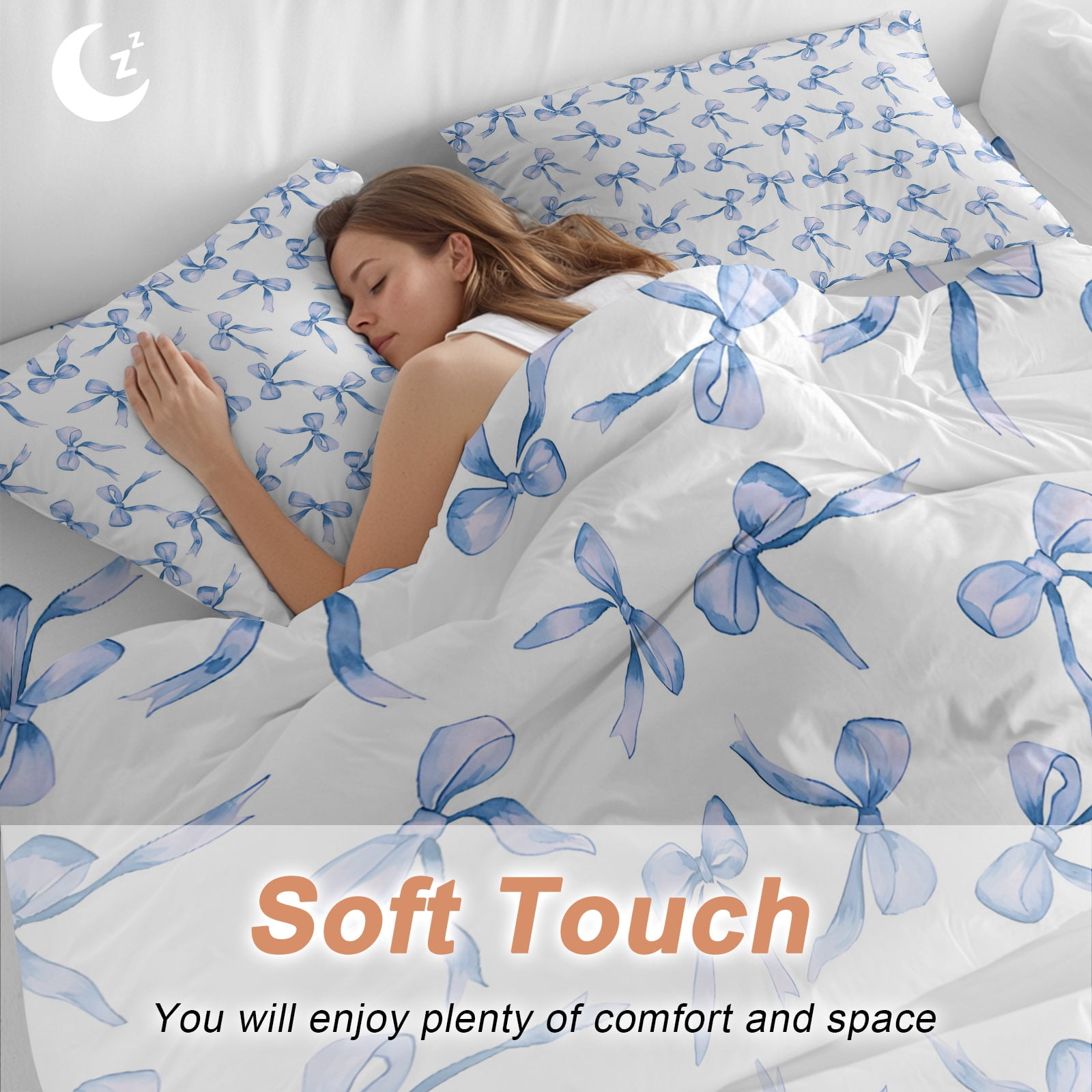 Blue Bow Queen Duvet Cover Set, Watercolor Bow 4 Piece Microfiber Bedding Set with Zipper Closure, Bed Sheet and 2 Pillow Shams, Soft Bedding Cover