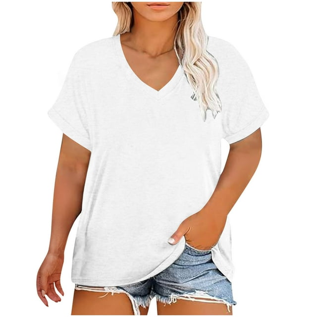 AherBiu Hauts d'Été Grande Taille pour Femmes Col en V Manches Courtes Coupe Ample T-Shirts Décontractés Confortables Couleur Unie