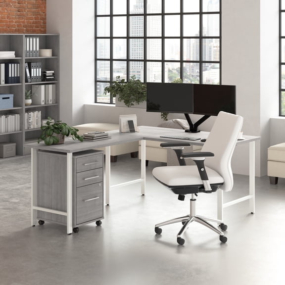 Hustle 60W x 30D L Shaped Desk with Drawers in Platinum Gray - Engineered Wood