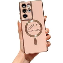 Compatible with Magsafe Phone Case for Samsung Galaxy S21 Ultra Cute Love Heart Case Luxury Plating Cover for Women Shockproof Soft Silicone Bumper for Galaxy S21 Ultra 6.8 inch (Pink)