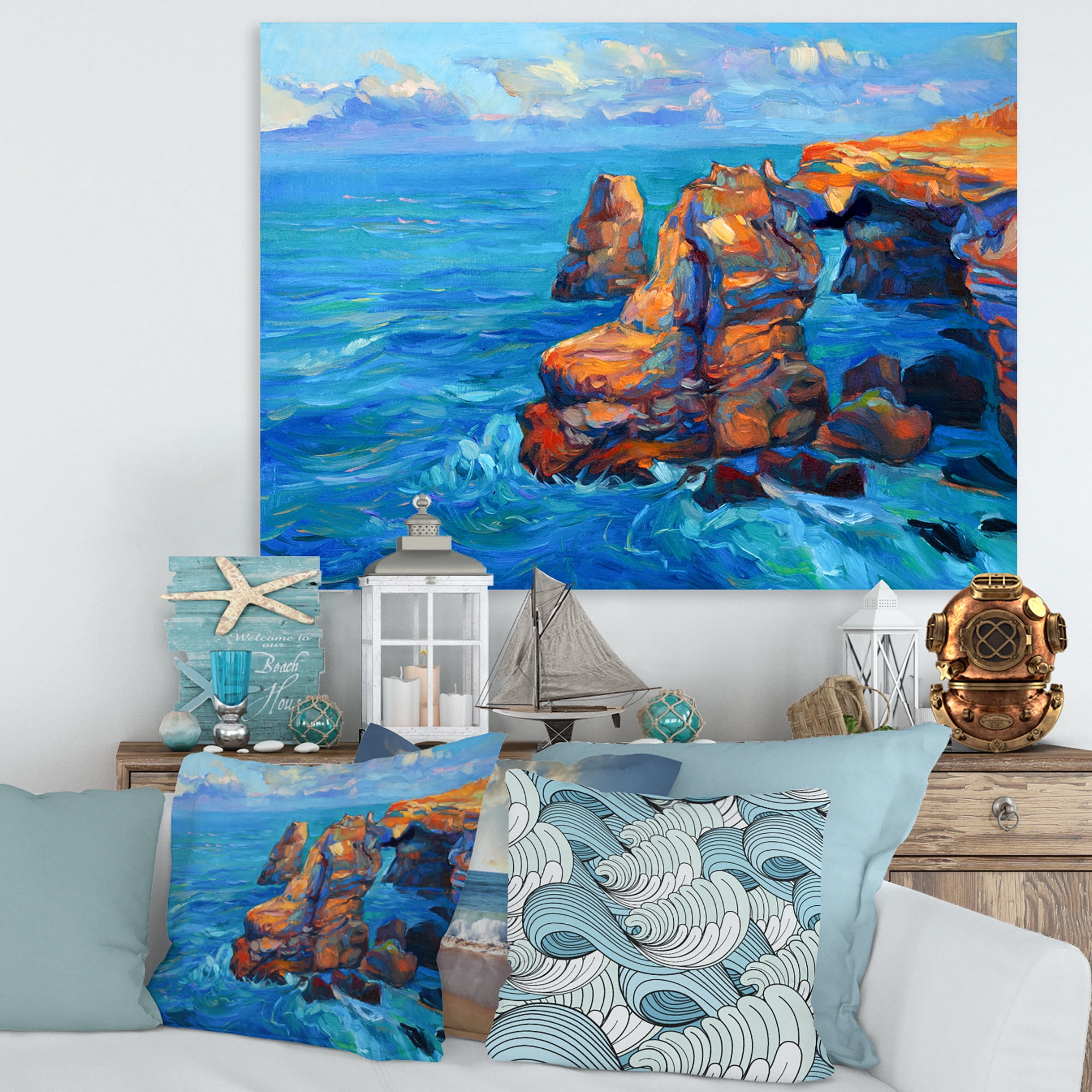 Designart ' The Blue Ocean By Rocky Cliffs ' Nautical & Coastal Canvas Wall Art Print