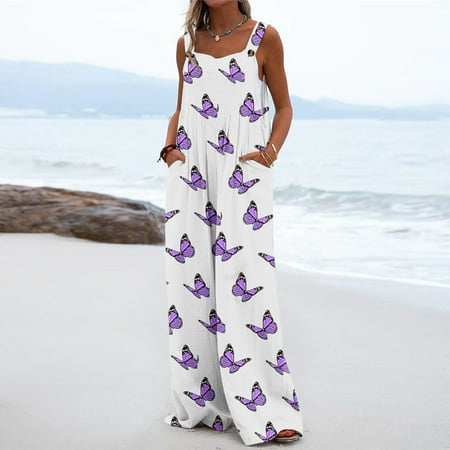 

Voncos Playsuit for Women Plus Size- Wide-Leg Printed Fashion Casual Pockets Button Overalls Playsuit Purple 2