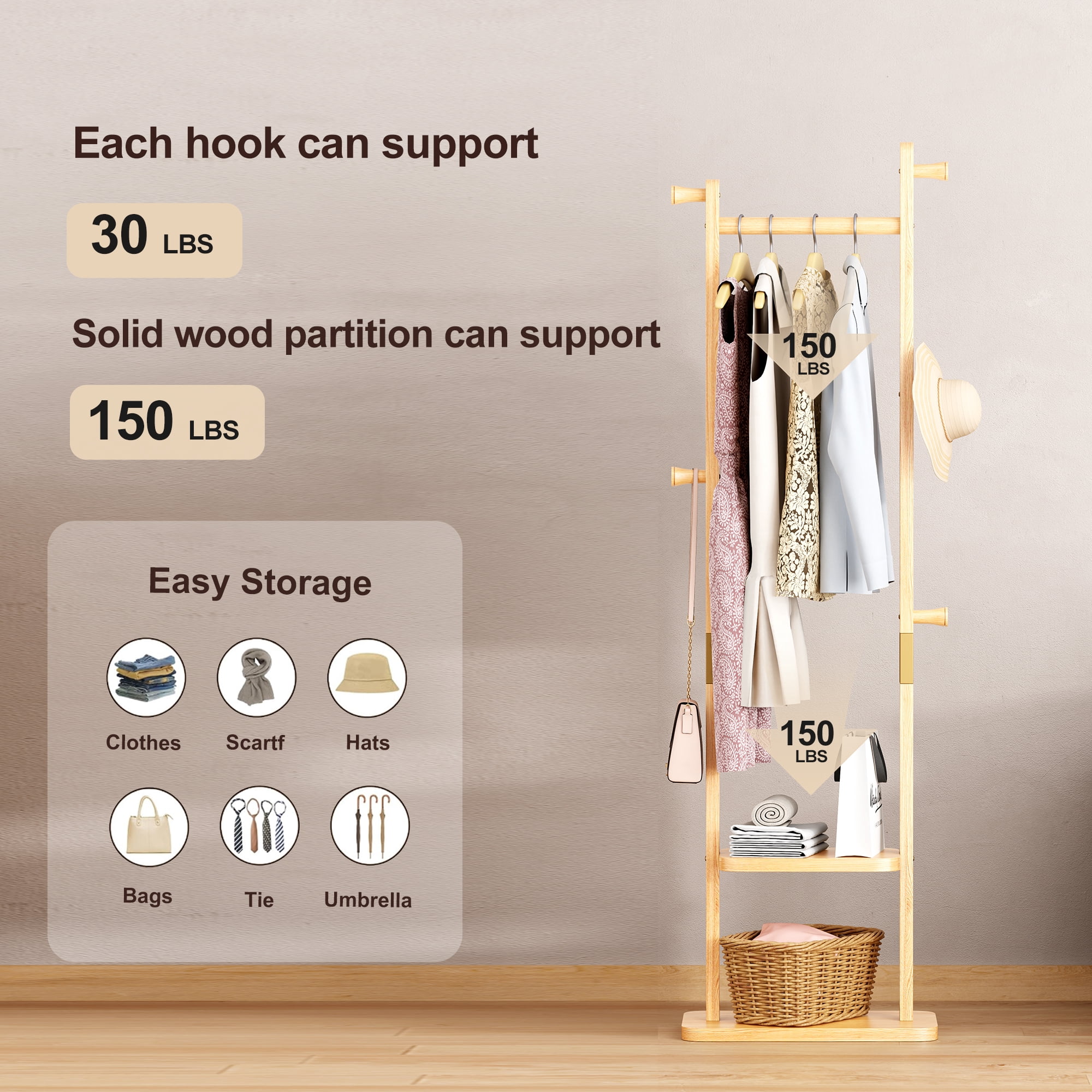 GARITIN Coat Rack and Hall Tree 18.9 Inch, Solid Wood Freestanding Coat Stand with Hooks for Entryway Living Room Bedroom, Natural