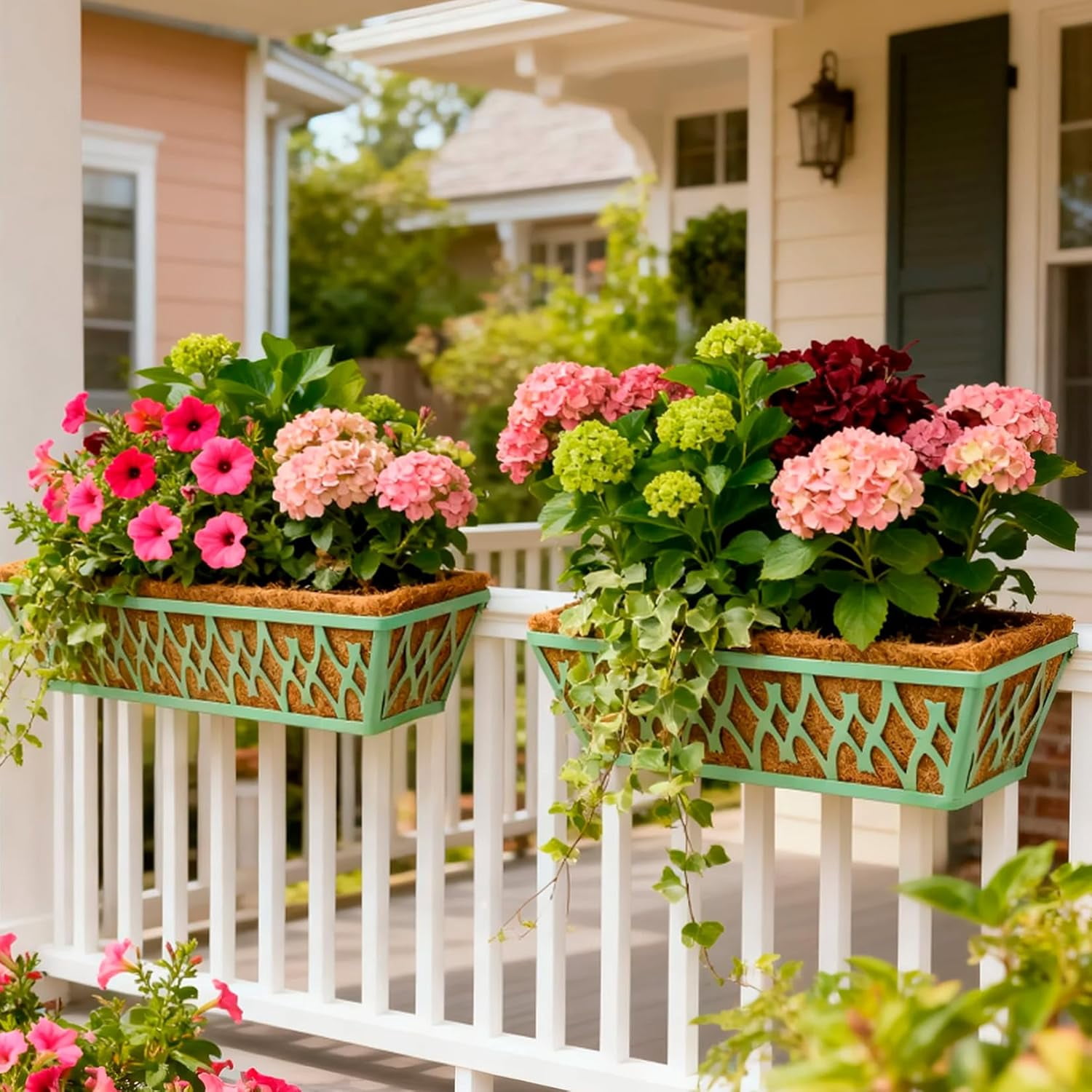 2 Pack 24 Inch Window Boxes Planters Railing Planter Box with Adjustable Brackets for Porch Fence Patio Balcony Hanging Flower Baskets with Coco Liners for Outdoor Garden Décor - Black