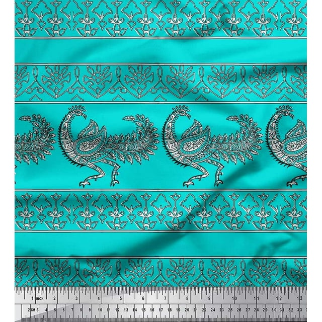 Soimoi Poly Georgette Fabric Floral & Peacock Block Printed Craft Fabric by The Yard 42 Inch Wide