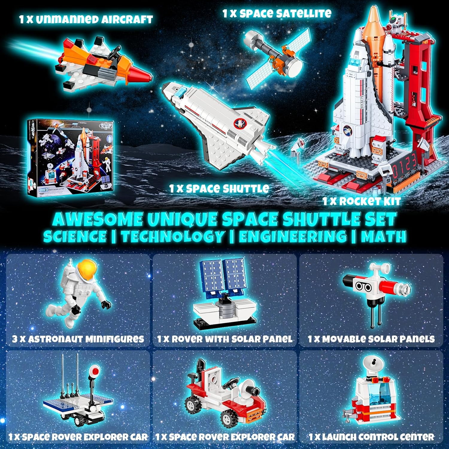 OKKIDY ABS Space Exploration Shuttle Building Blocks, 12-in-1 STEM Rocket Toy with 3 Astronauts, Compatible with Lego, Gift Idea for Ages 6+, 885 Pcs