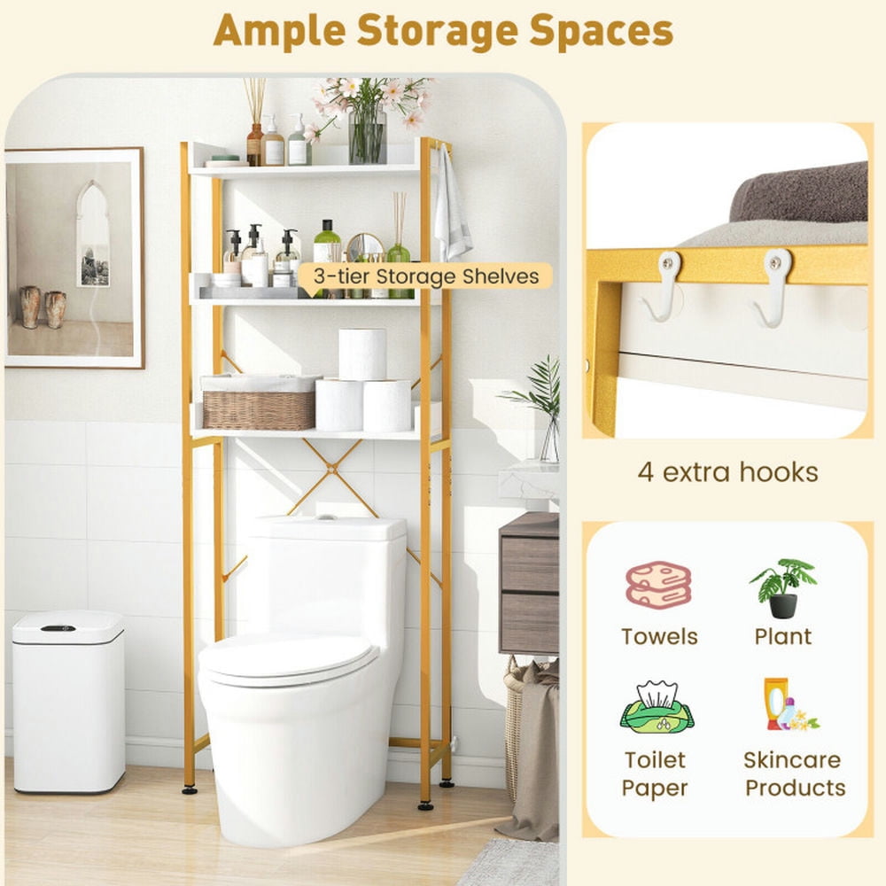 Finihen Toilet Storage Rack, Toilet Storage Shelf, Over The Toilet Storage Rack with Hooks and Adjustable Bottom Bar, for Bathroom, White