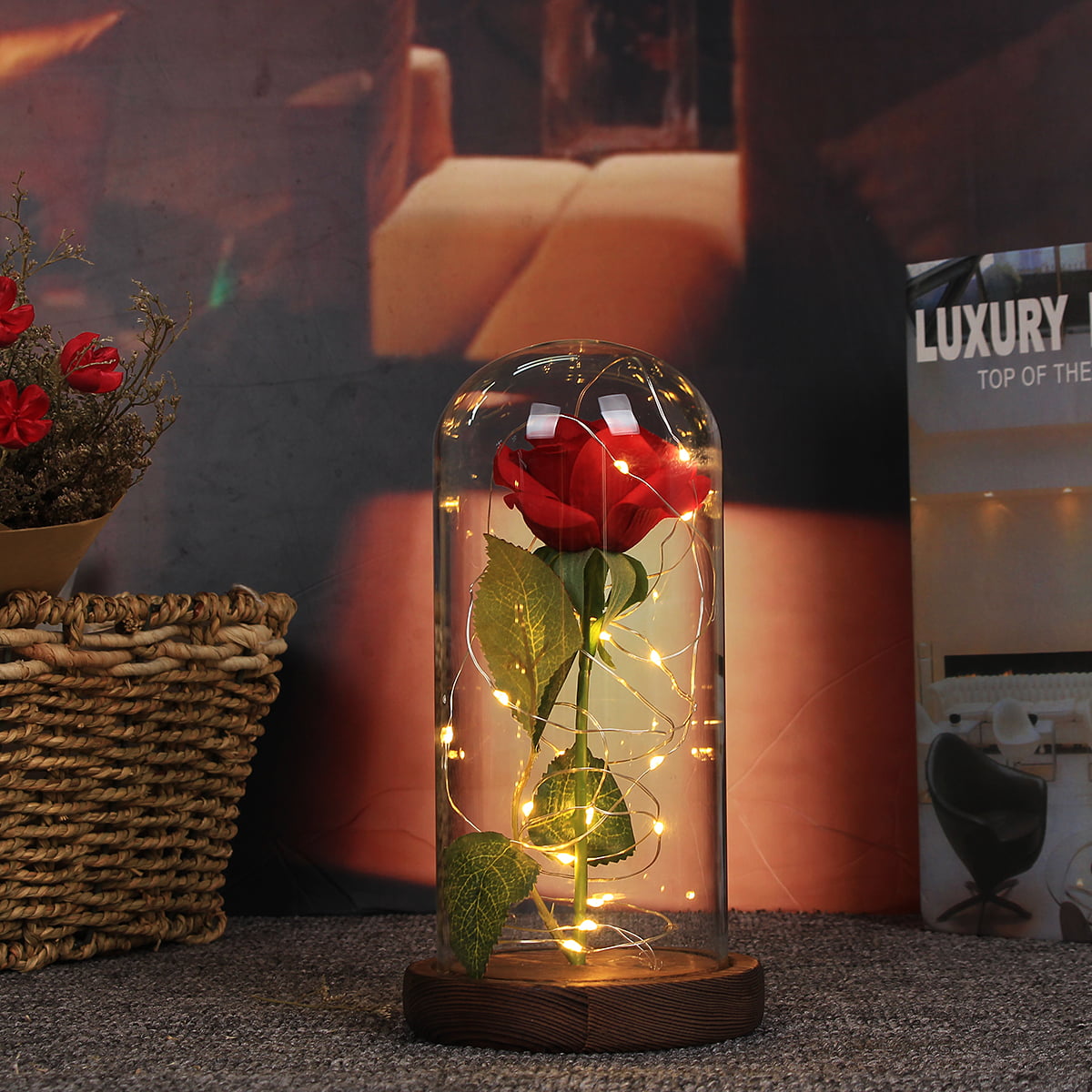 Details about   Artificial Rose Glass Cover LED Light Romantic Silk Flowers Bedroom Decor FR 