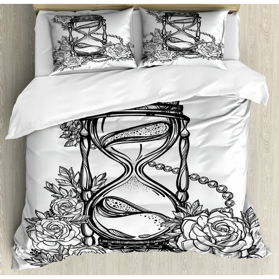 Tattoo Duvet Cover Set, Pencil Drawing Romantic Theme Hourglass of Eternal Love with Roses Print, Decorative 3 Piece Bedding Set with 2 Pillow Shams, Queen Size, Black and White, by Ambesonne