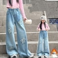 thumbnail image 2 of oqasdz Floral Embroidered Elastic Waist Wide Leg Baggy Denim Pants for Girls Jeans Streetwear Durable Fit Casual Outdoor, 2 of 7