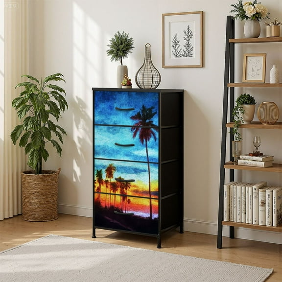 4 Drawer Vertical Storage Dresser Palm trees sunset colorful sky oil painting with Wood Top Fabric Pull Drawers
