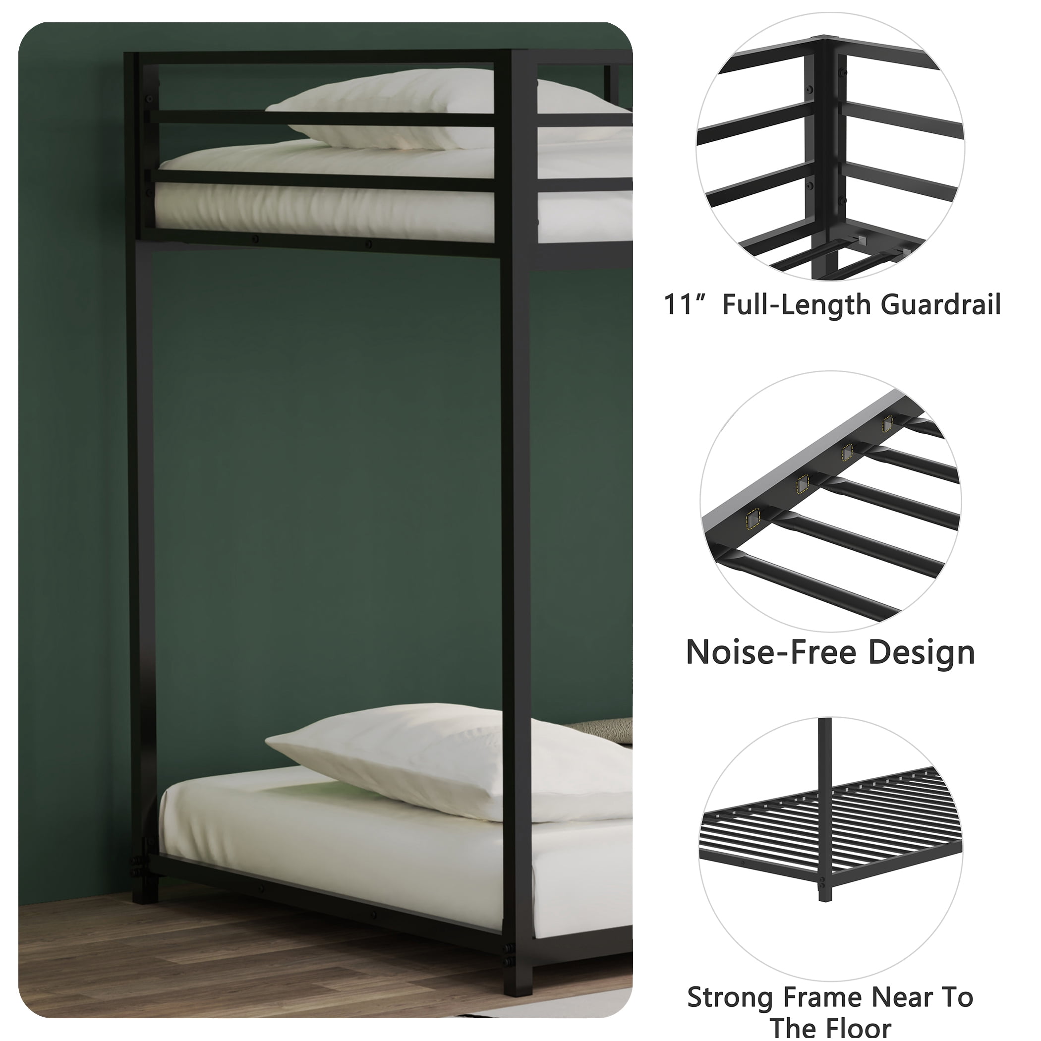 Miniyam Twin over Twin Metal Bunk Bed with Side Ladder for Kids and Teens, Black